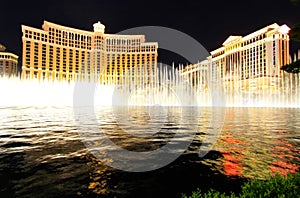 Fountain show at Bellagio hotel and casino at night, Las Vegas,