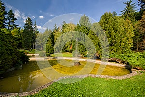 Fountain in small lake in the park in Sliac spa resort