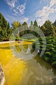 Fountain in small lake in the park in Sliac spa resort