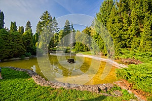 Fountain in small lake in the park in Sliac spa resort