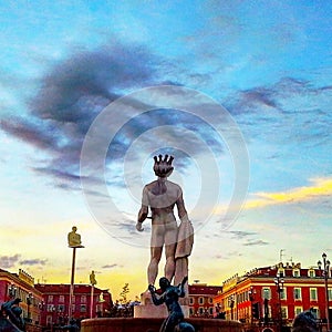 Fountain Soleil on sunset on Place Massena in Nice, Apollo sculpture, France