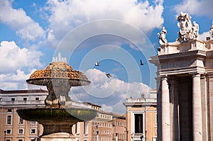 Fountain at St Peter square with pigeons in Vaticano photo