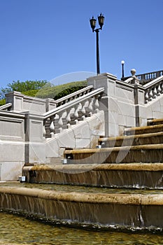 Fountain, Stairway And Lamppost