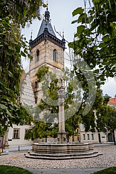 Fountain with a statue of St. Josefa at Charles Square near gothic and renaissance New Town Hall Novomestska radnice in the photo