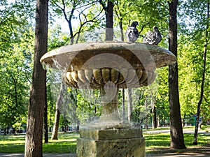 Fountain in a summer sunny park. Streams of water pouring down. Two pigeons are sitting on the fountain.