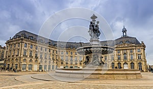 The fountain of the three graces on the Place de la Bourse, in winter in Bordeaux, in Gironde, France