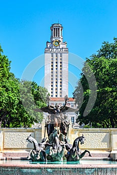 Fountain and UT Tower on University of Texas College Campus