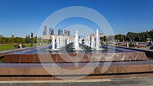 Fountain in the Victory Park on Poklonnaya Hill Gora, Moscow, Russia.