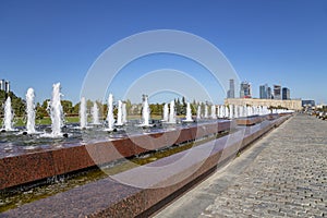 Fountain in the Victory Park on Poklonnaya Hill Gora, Moscow, Russia.