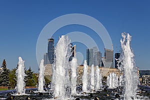 Fountain in the Victory Park on Poklonnaya Hill Gora, Moscow, Russia.