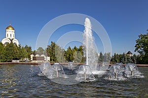 Fountain in the Victory Park on Poklonnaya Hill Gora, Moscow, Russia.