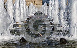 Fountain in the Victory Park on Poklonnaya Hill Gora, Moscow, Russia.