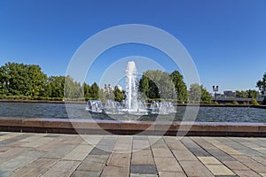 Fountain in the Victory Park on Poklonnaya Hill Gora, Moscow, Russia.