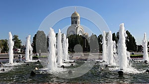 Fountain in the Victory Park on Poklonnaya Hill, Moscow, Russia. The memorial complex constructed in memory of those who died