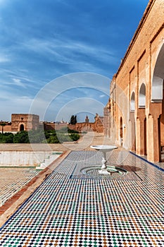 A fountain and view at the Palace El Badi in Marrakech, Morocco