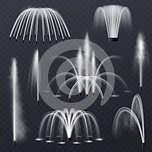 Fountain water. Realistic jets and splashes combination collection, park or garden decorative elements, 3d abstract