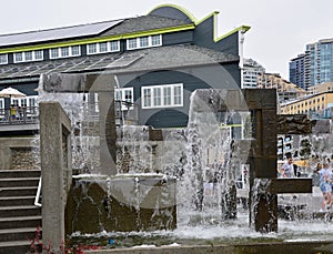 Fountain on the Waterfront at the Puget Sound in Downtown Seattle, Washington