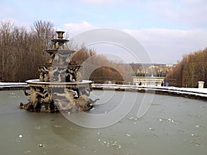 Fountain during the winter in the gardens of the Royal Palace of