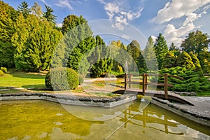 Fountain and wooden bridge in small lake in the park in Sliac spa resort