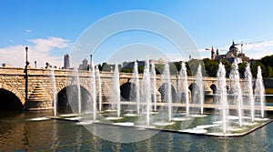 Fountains and bridge over Manzanares river