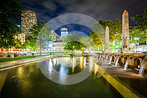 Fountains and buildings at Copley Square at night, in Boston, Ma