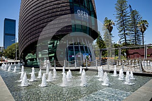 Fountains in front of entrance to Swan Bells in Barrack Square at Elizabeth Quay in Perth
