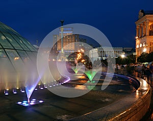 Fountains on Maidan Nezalezhnosti square- evening photo