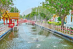 The fountains in Memorial park of Wat Benchamabophit Dusitvanaram Marble Temple, Bangkok, Thailand