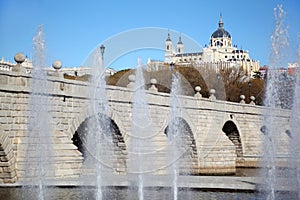Fountains near bridge of Segovia and Cathedral of Nuestra Senora