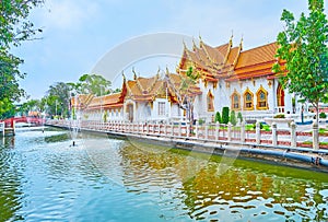 The fountains in park of Wat Benchamabophit Dusitvanaram Marble Temple, Bangkok, Thailand