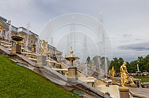 Fountains and sculptures of the Grand Cascade of the Peterhof Palace. Russia