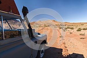 Four by 4 oldtimer driving off road in Morocco