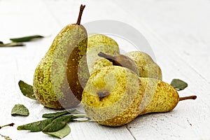 Four abate fetel pears with leaves on white painted wood.