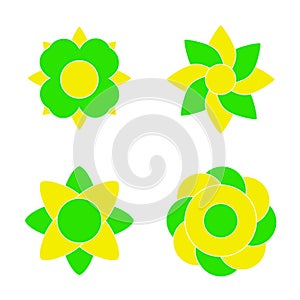 Four abstract blossoms, green and yellow flower icons