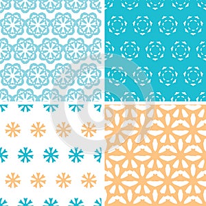 Four abstract blue yellow floral shapes seamless patterns set