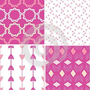 Four abstract geometric pink seamless patterns set