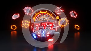 Four Aces Cards Gambling Concept, Dices, Slot And Roulette Wheel With Neon Lights - 3D Illustration