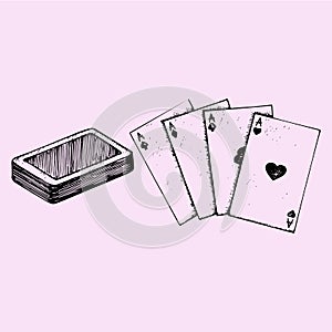 Four aces, deck of poker, playing cards