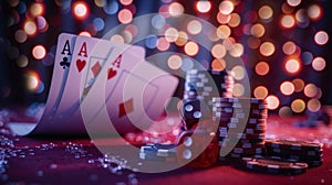 The poker aces with casino chips. AI generated