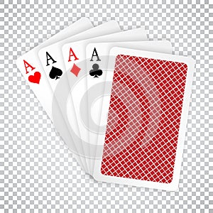 Four aces in five card poker hand playing cards with back design. Winning poker hand