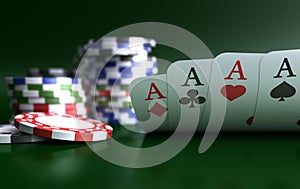 Four aces high on green table with chips