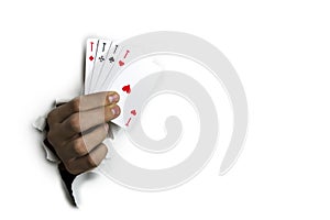 Four aces in his hand on a white background.