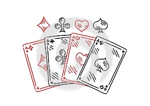 Four aces. Four of a kind. Poker quads. Good luck in the game. Playing cards. Hand drawn sketch line. photo