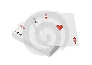 Four aces and other playing cards isolated on white. Poker game