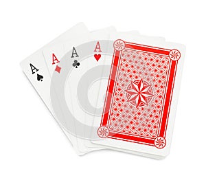 Four aces and other playing cards isolated on white, top view. Poker game