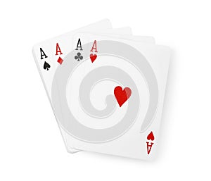 Four aces and other playing cards isolated on white, top view. Poker game