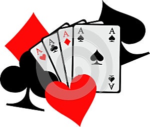 Four aces playing cards with big poker icons spades hearts diamonds clubs