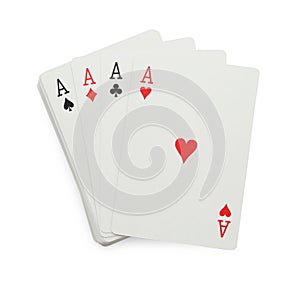 Four aces playing cards isolated on white, top view. Poker game