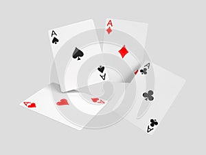 Four aces playing cards poker game. Realistic 3D gambling games symbols. Clubs and spaces, hearts and diamonds casino poker card.