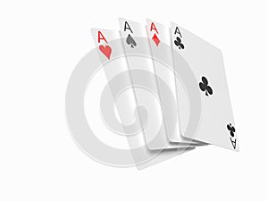 Four aces playing cards poker game. Realistic 3D gambling games symbols. Clubs and spaces, hearts and diamonds casino poker card.